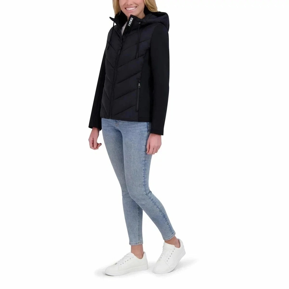 DKNY Women's Hooded Puffer Mixed Media Jacket Scuba Sleeves XL Black NWT